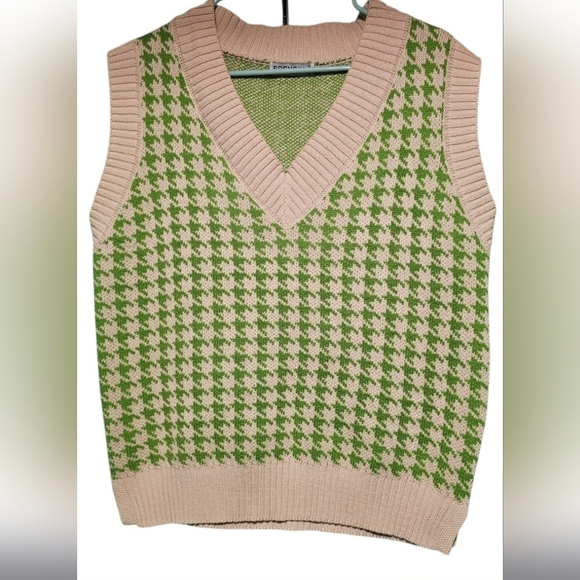 SDENCIN Green and Cream Houndstooth Sweater Vest Oversized Medium 24 PTP - Picture 1 of 4